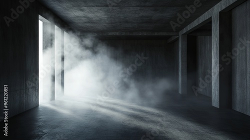 A dark, concrete room with a wide, open space. It's perfect for showcasing products. The room is filled with a swirling, white fog that drifts across the black background.