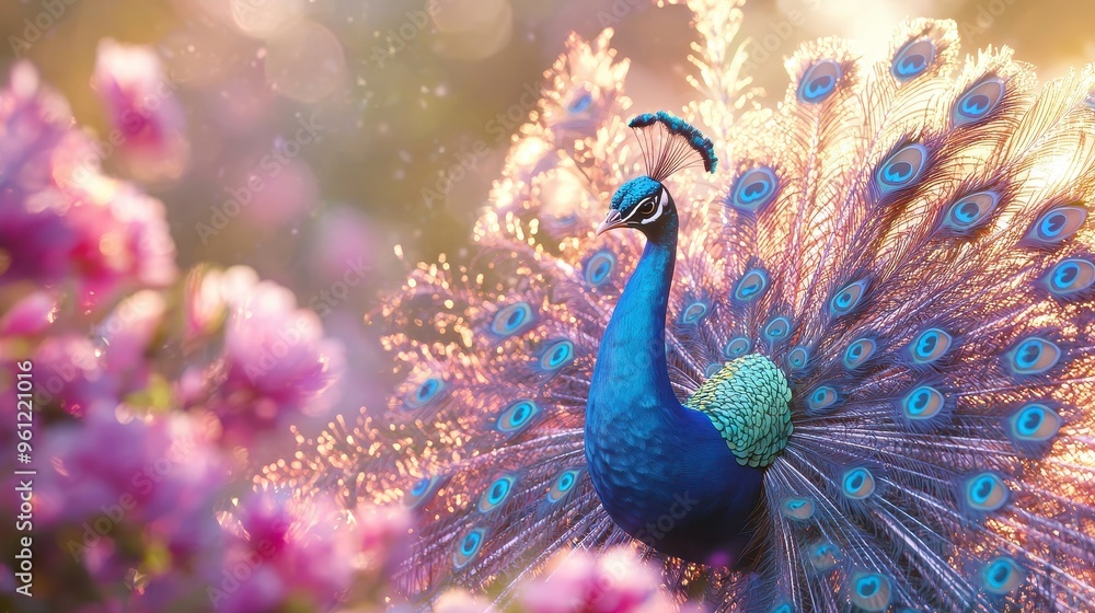Obraz premium 3D peacock displaying feathers with a soft pastel background on the right, representing the vibrant beauty of zoo birds, style of