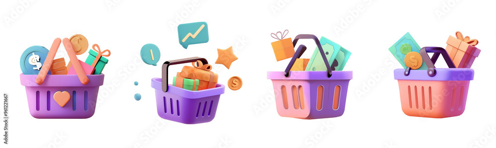 3D isolated Icon of a Basket with Gifts, Money, and Benefits in Bright Colors 3D isolated Icon of a Basket with Gifts, Money, and Benefits in Bright Colors