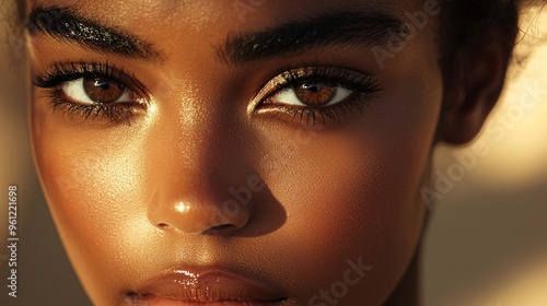 Closeup of a woman's eye with warm sunlight on her face