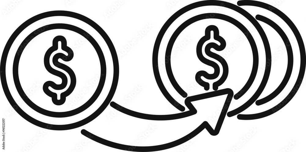 Simple design of an arrow transferring money, increasing wealth and profit