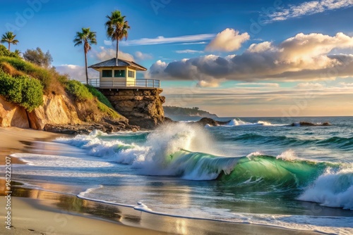 Ocean Waves Crash Upon And Recede From Soft, White Sand In Front Of A Lifeguard Tower At Popular Laguna Beach photo