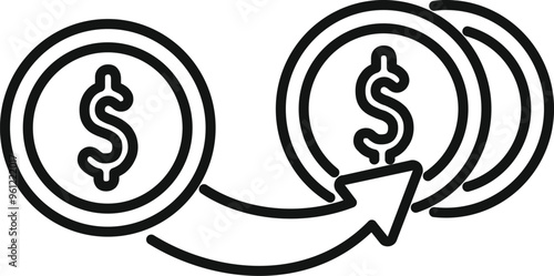 Simple design of an arrow transferring money, increasing wealth and profit