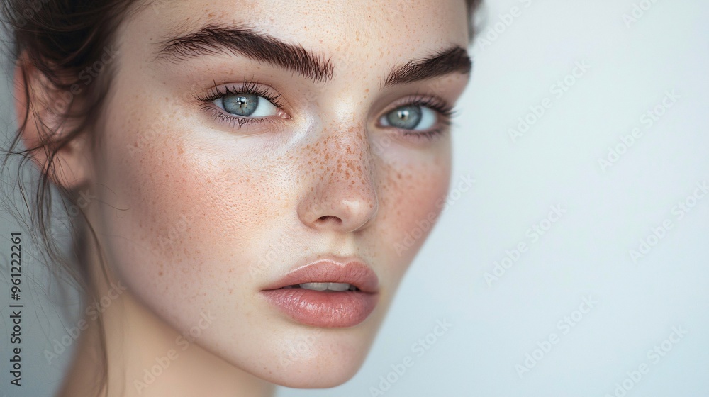Close-up Portrait of a Young Woman with Blue Eyes and Freckles Close-up Portrait of a Young Woman with Blue Eyes and Freckles