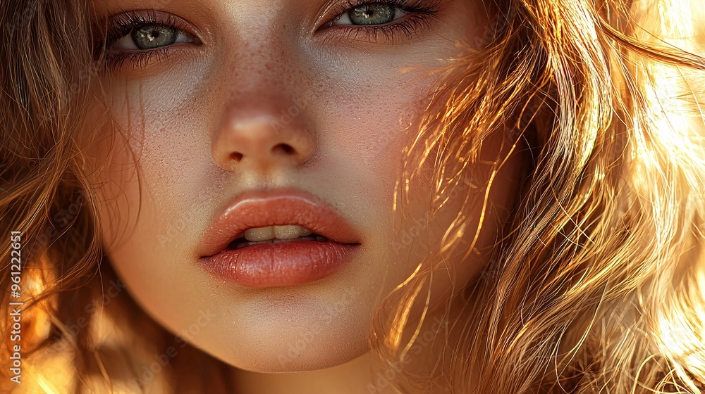 Naklejka premium Closeup portrait of a young woman with golden hair and soft makeup