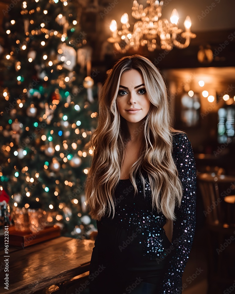 Glamorous Woman in Black Dress by Christmas Tree and Festive Lights Glamorous Woman in Black Dress by Christmas Tree and Festive Lights