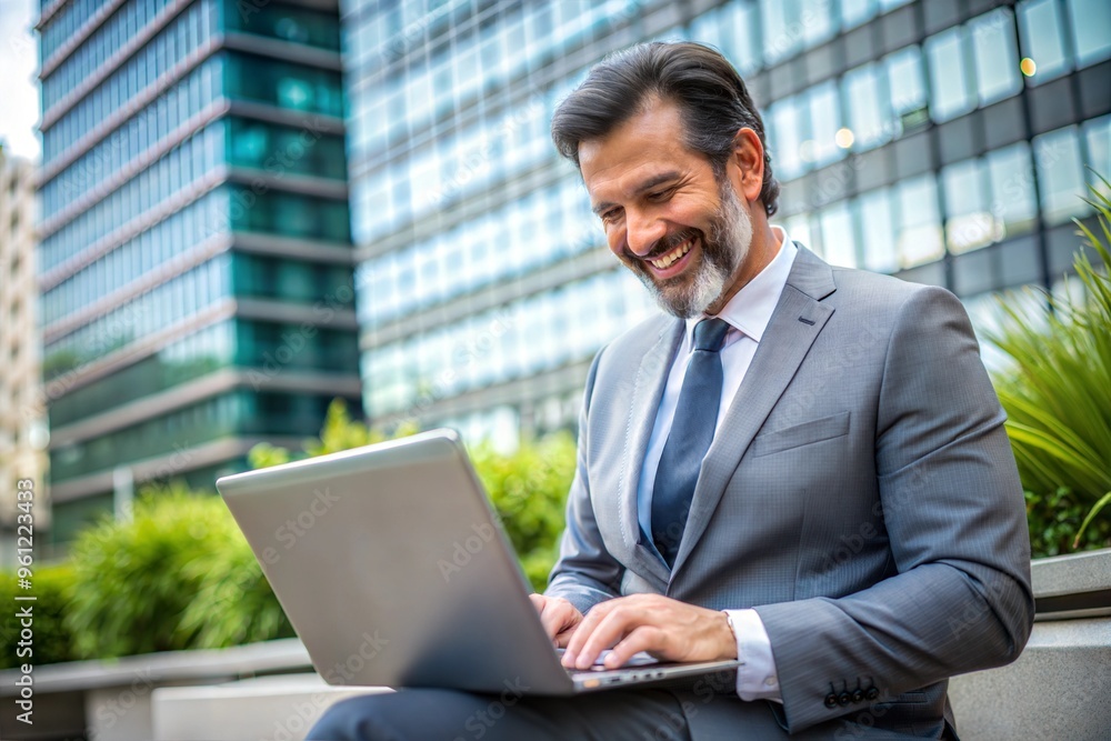 Happy businessman using laptop outdoors in urban setting Happy businessman using laptop outdoors in urban setting