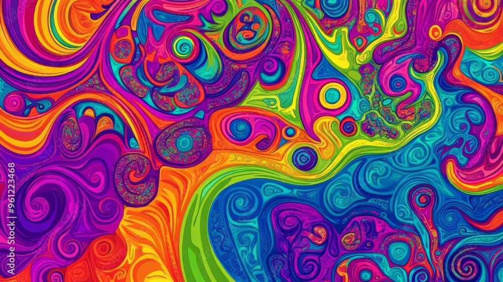 Psychedelic Dreams. A vibrant swirling psychedelic pattern with neon colors and intricate details, reminiscent of 1960s art, emphasizing fluid shapes and energetic movement Psychedelic Dreams. A vibrant swirling psychedelic pattern with neon colors and intricate details, reminiscent of 1960s art, emphasizing fluid shapes and energetic movement