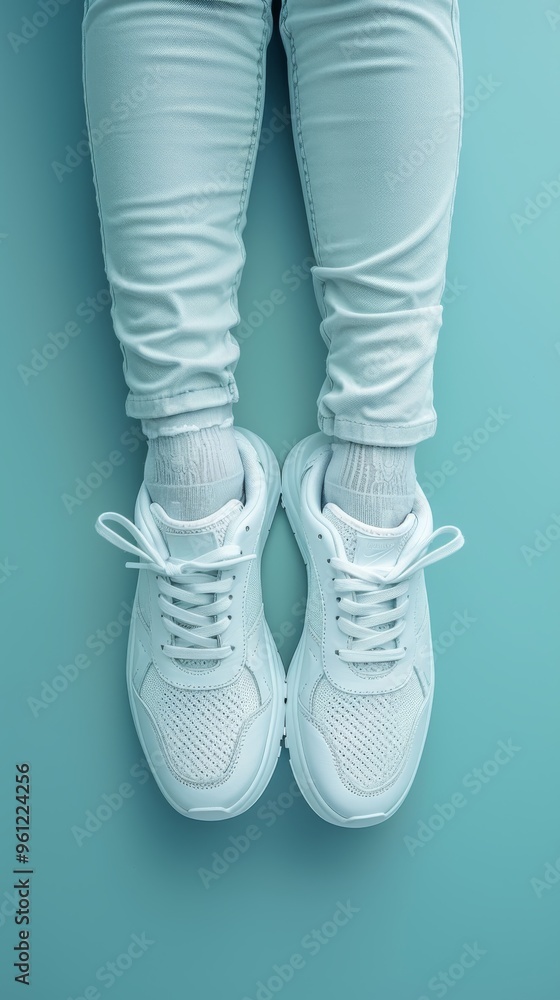 A woman’s legs in white sneakers rest against a soft pastel blue background, showcasing the perfect combination of comfort and style for a contemporary fashion statement A woman’s legs in white sneakers rest against a soft pastel blue background, showcasing the perfect combination of comfort and style for a contemporary fashion statement