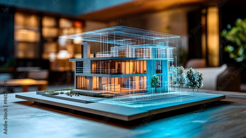 Hologram Displaying a 3D Model of a Contemporary House Being Constructed from the Ground Up Showcasing the Architecture and Engineering Design Process Hologram Displaying a 3D Model of a Contemporary House Being Constructed from the Ground Up Showcasing the Architecture and Engineering Design Process