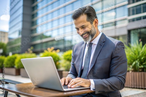 Businessman smiling while working outdoors with laptop