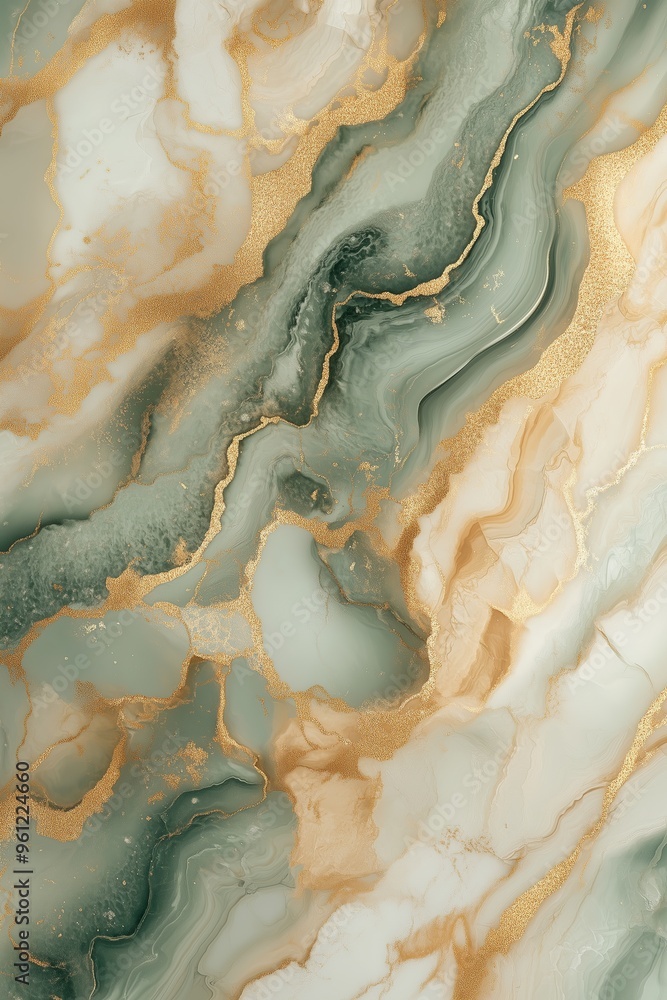 Naklejka premium Elegant Liquid Marbling in Soft Beige, Muted Olive, and Gold Accents for a Calm Aesthetic