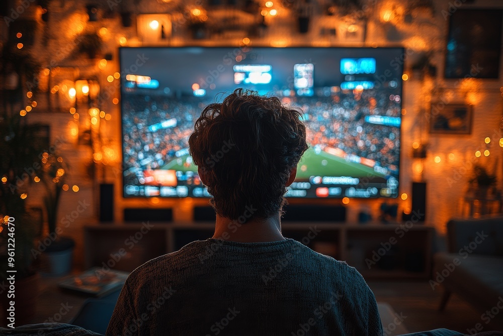 Friends gathered in a living room watching sports on a large TV, excitement and cheering. Generative AI Friends gathered in a living room watching sports on a large TV, excitement and cheering. Generative AI