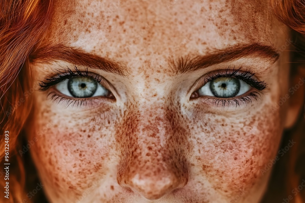 Closeup of Woman s Face with Freckles and Blue Eyes Closeup of Woman s Face with Freckles and Blue Eyes