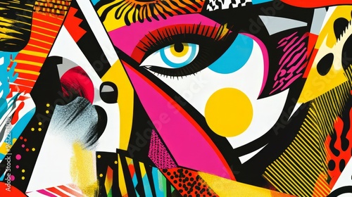 Psychedelic Pop Art. An abstract pop art piece with vivid geometric shapes and psychedelic color schemes, blending bold patterns and dynamic contrasts in a playful composition photo