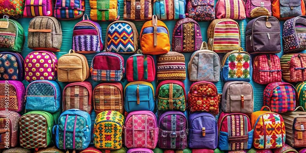 Vibrant backpacks in precise rows showcase a kaleidoscope of colors, their diverse hues blending and contrasting to create a visually striking mosaic. Vibrant backpacks in precise rows showcase a kaleidoscope of colors, their diverse hues blending and contrasting to create a visually striking mosaic.