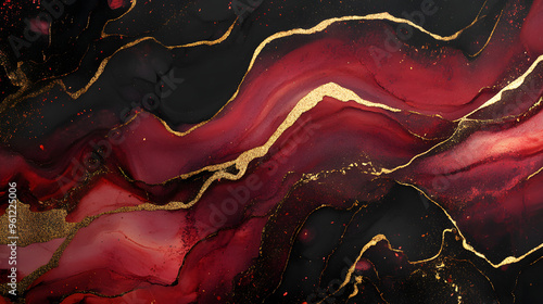 Abstract luxury red marble background with golden lines, liquid alcohol ink effect, dark colors of red and black, dark grey and gold, dark background.