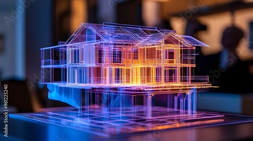 Holographic time lapse representation of a residential construction project from groundbreaking to completion showcasing the development stages and transformation in a futuristic digital format