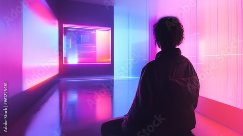 The back view of a person observing a minimalist room filled with high-tech gadgets, illuminated by otherworldly, surreal lights, digital art with vibrant colors and soft shadows