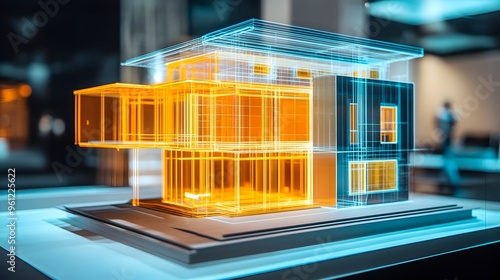 Fototapeta Naklejka Na Ścianę i Meble -  Holographic projection showcasing the use of prefabricated modular components in the efficient and innovative construction of modern homes and buildings