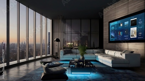 Interior design modern living room with large panoramic windows view to city and intelligent furniture, smart house full of monitors