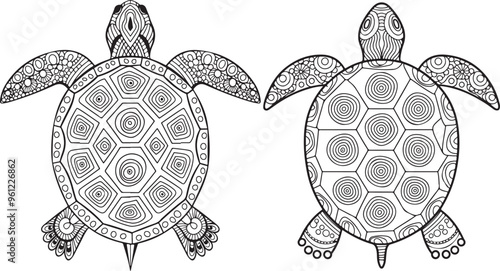 Two highly detailed vector illustrations of turtles with geometric and decorative shell patterns, ideal for nature-inspired designs  photo