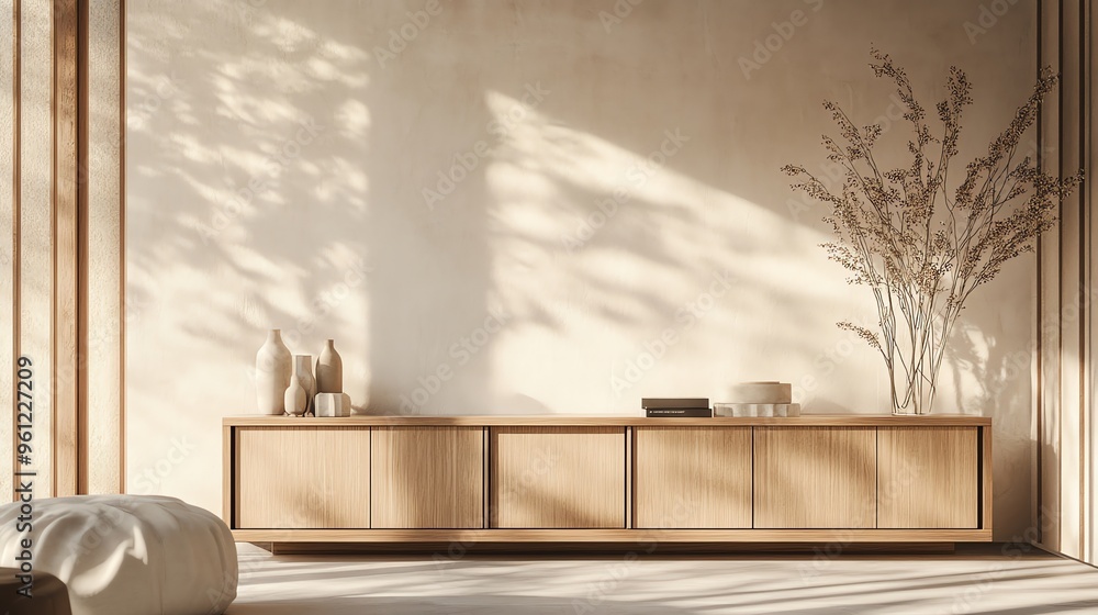 Minimalist Living Room with Wooden Cabinet, Dried Flowers, and Sunlight Minimalist Living Room with Wooden Cabinet, Dried Flowers, and Sunlight