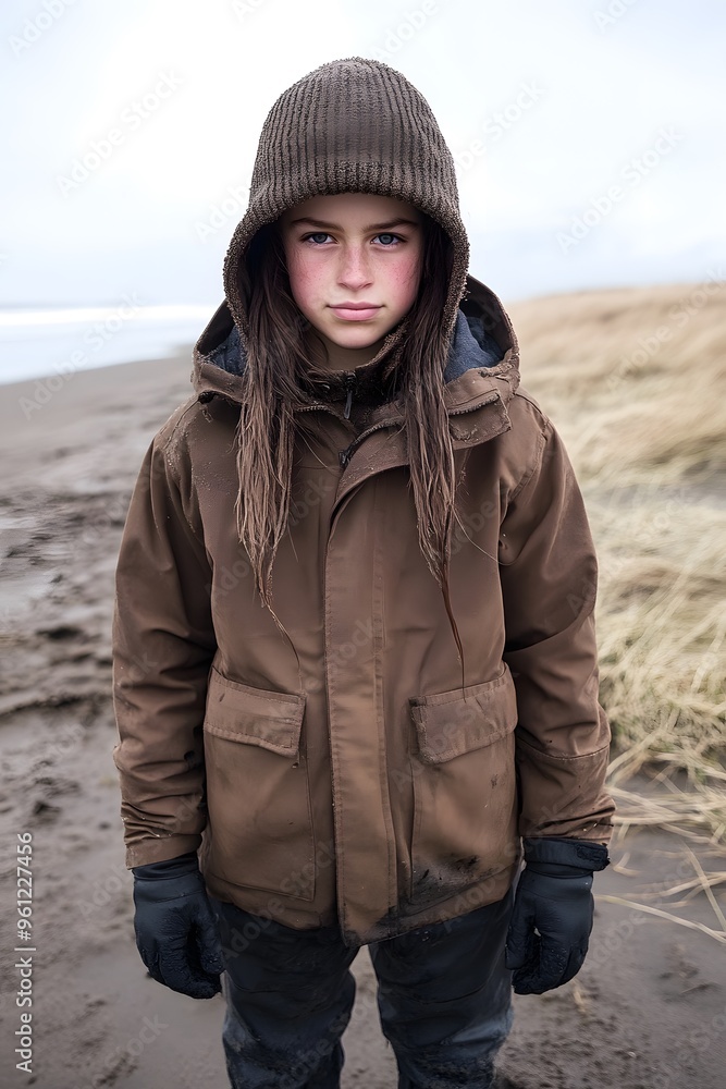 Young Woman in Brown Jacket and Gloves on Beach Young Woman in Brown Jacket and Gloves on Beach