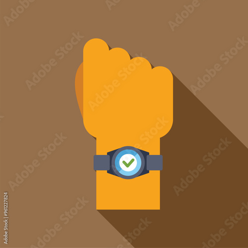 Hand with smartwatch showing check mark icon on screen, flat style