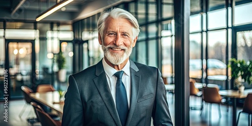 Senior gentleman with distinguished gray hair and warm smile, dressed in a formal suit, stands confidently in a modern office setting, exuding wisdom and authority. photo