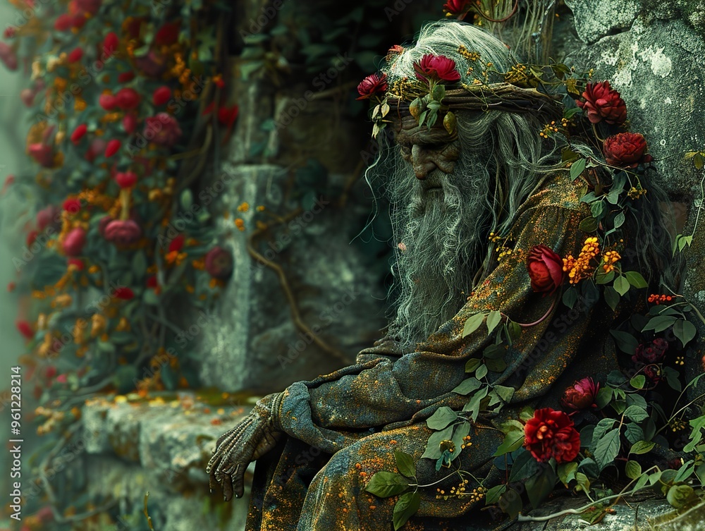 Obraz premium A wise, elderly man with a long white beard and a crown of red flowers sits on a stone throne overgrown with vines.
