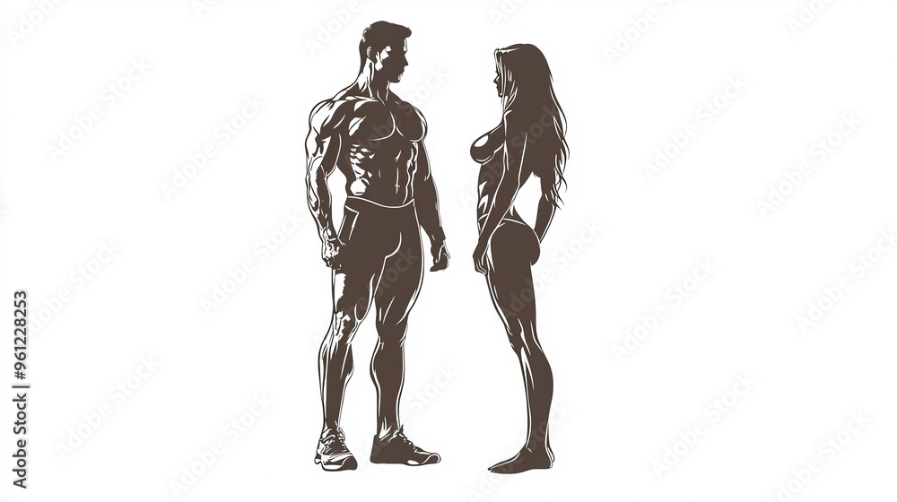 Muscular man and woman standing side by side in a minimalist setting Muscular man and woman standing side by side in a minimalist setting