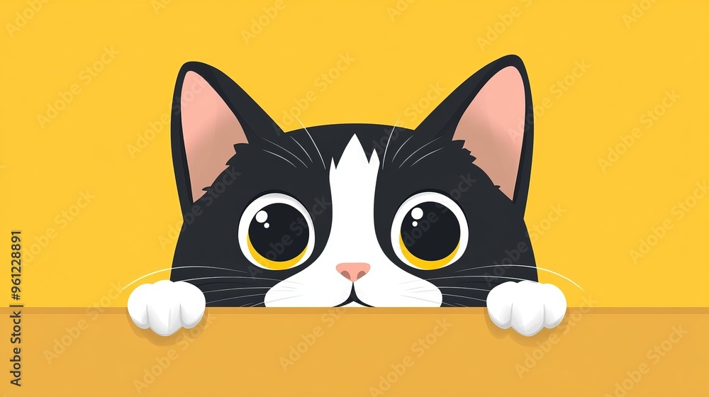 Cute black and white cat peeking over a yellow background in a playful manner Cute black and white cat peeking over a yellow background in a playful manner