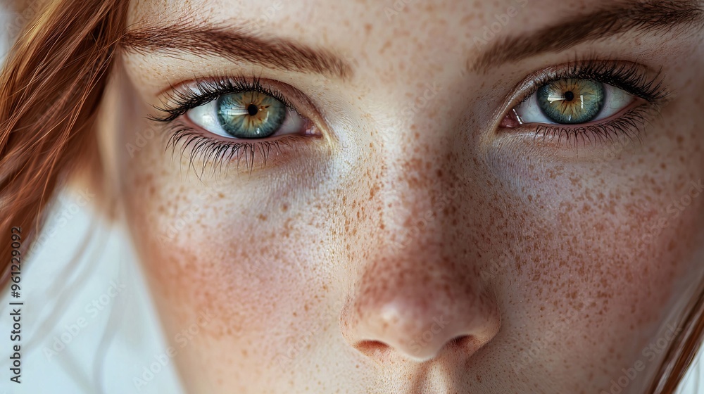 Fototapeta premium Close-up of a Woman's Face with Green Eyes and Freckles