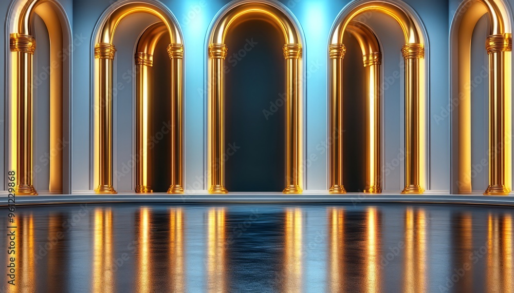 Obraz premium Reflective Golden Arched Columns in a Hallway