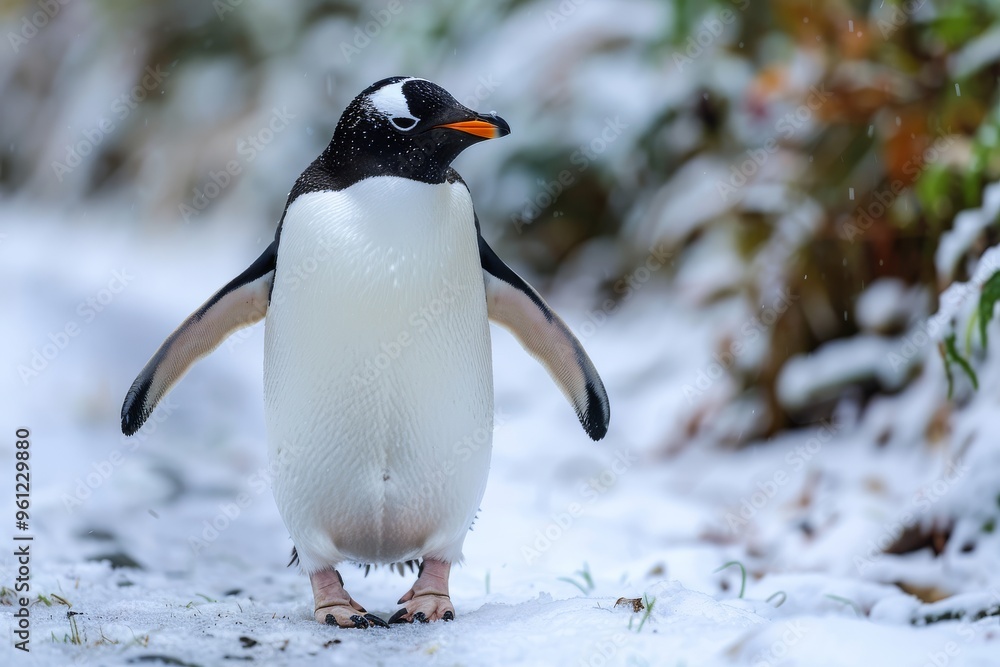 Fototapeta premium Detailed Full-Body Shot of Adélie Penguin Walking on Snow in Antarctica, Back View