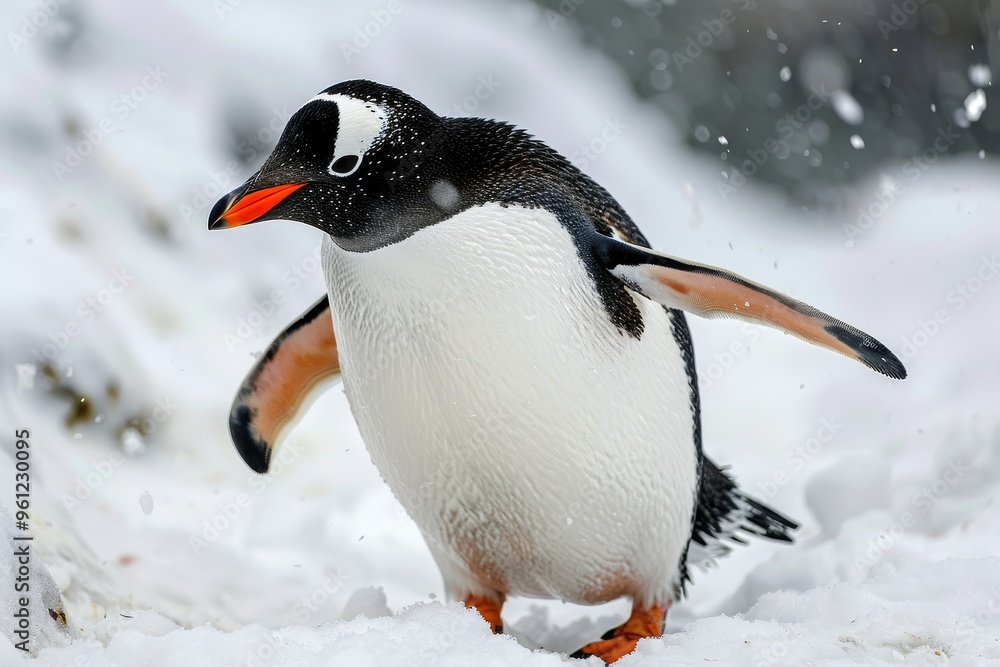 Fototapeta premium Detailed Full-Body Shot of Adélie Penguin Walking on Snow in Antarctica, Back View