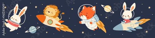 Set of flat vector illustrations in children's style on space theme. Cute rabbit, lion and fox in space on space rocket in spacesuit, stars and planets. Vector illustration