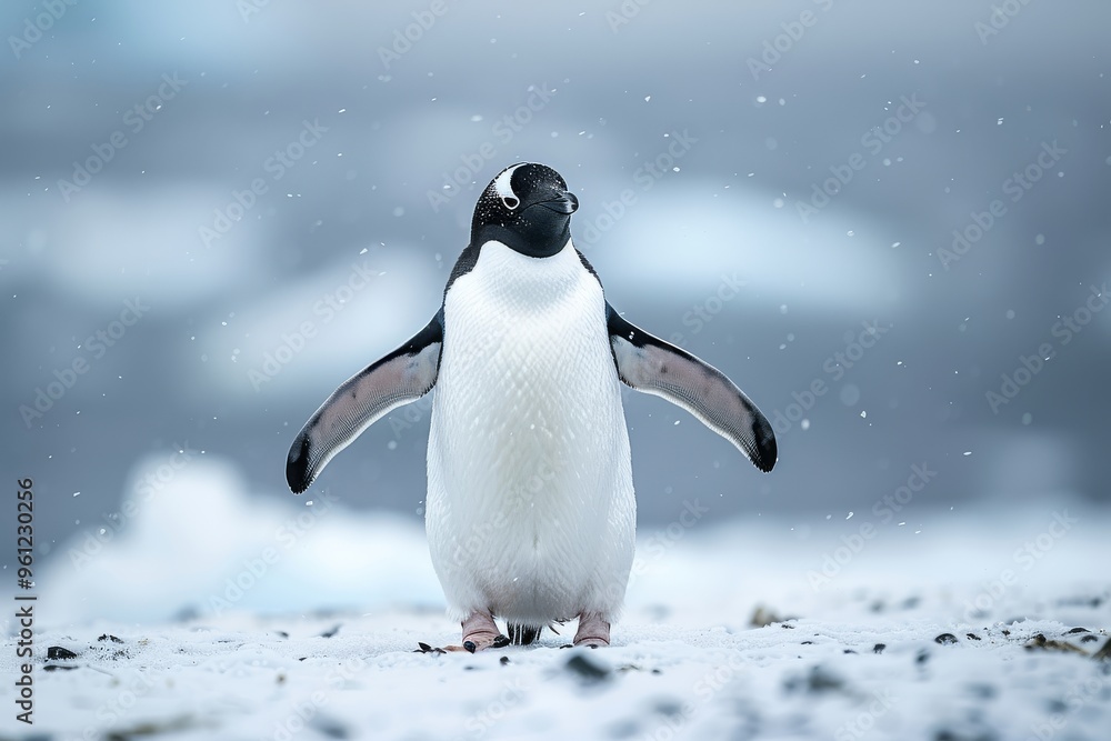Obraz premium Detailed Full-Body Shot of Adélie Penguin Walking on Snow in Antarctica, Back View