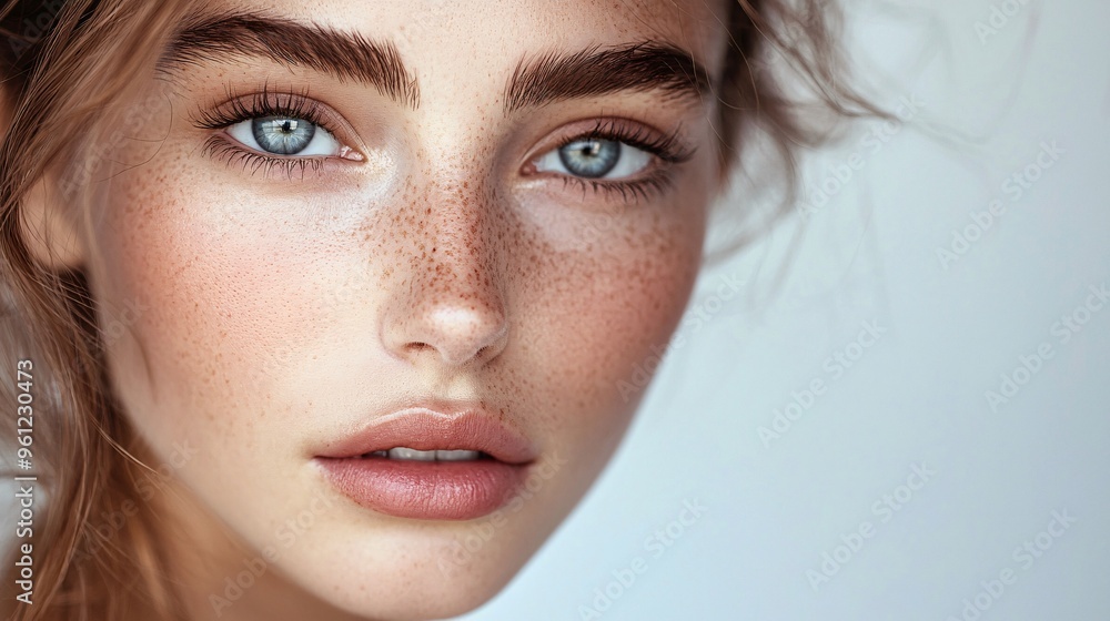 Closeup Portrait of Beautiful Woman with Blue Eyes and Freckles Closeup Portrait of Beautiful Woman with Blue Eyes and Freckles