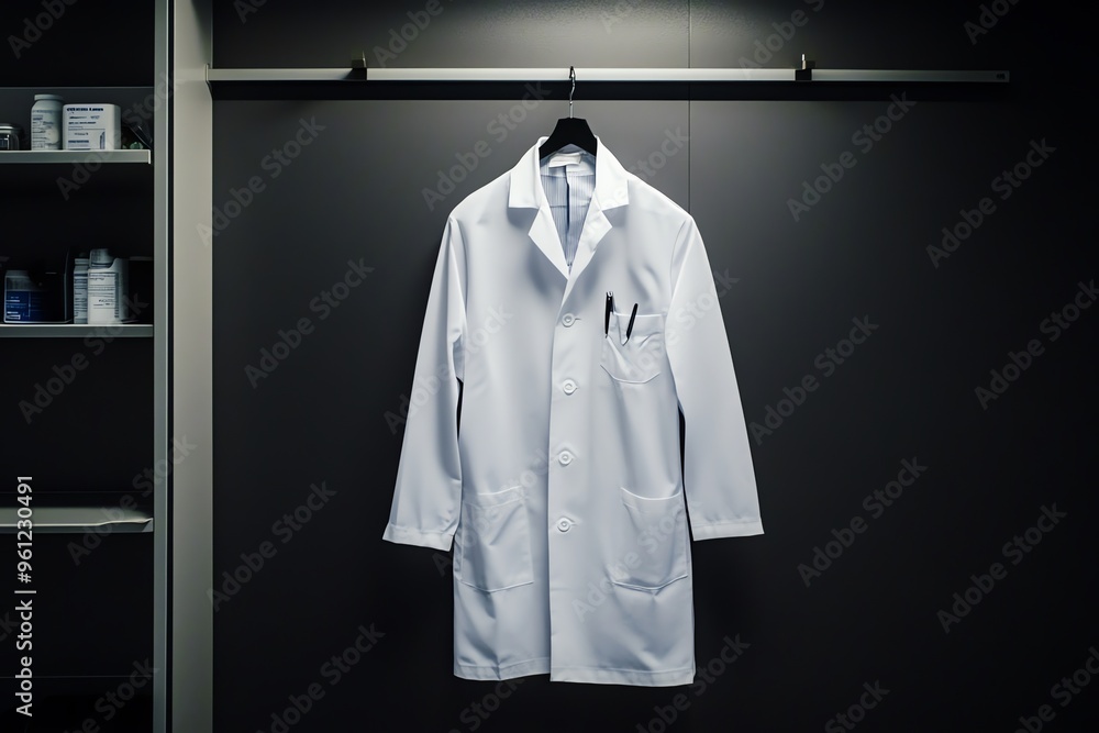 White Lab Coat Hanging on a Hook in a Closet White Lab Coat Hanging on a Hook in a Closet
