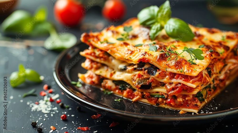 Delicious lasagna with spinach and cheese on wooden table Delicious lasagna with spinach and cheese on wooden table