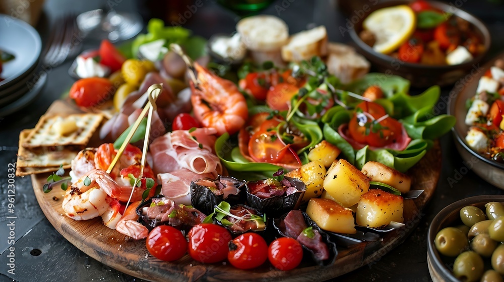 Antipasto platter with salami, prosciutto, olives and mozzarella on wooden background Antipasto platter with salami, prosciutto, olives and mozzarella on wooden background