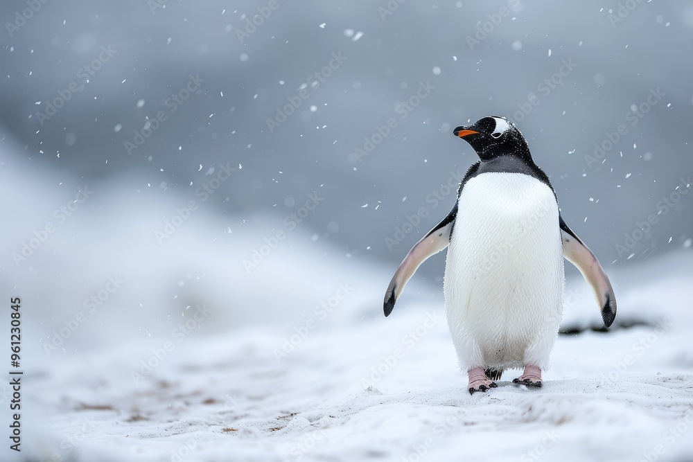 Obraz premium Detailed Full-Body Shot of Adélie Penguin Walking on Snow in Antarctica, Back View