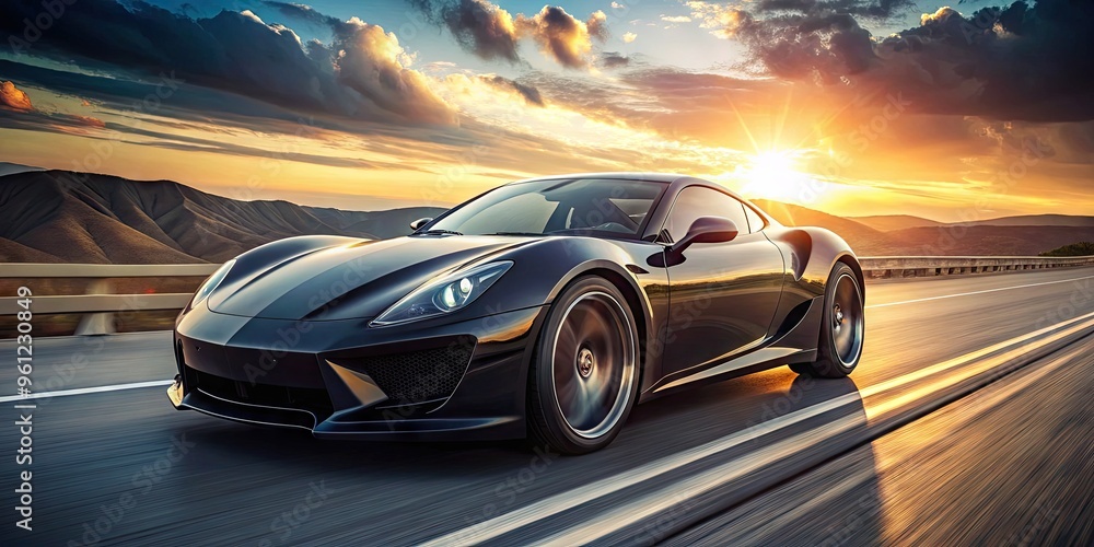 Sleek black sports car with aggressive lines, vents, and alloy wheels speeds down a deserted highway, capturing the essence of power and performance. Sleek black sports car with aggressive lines, vents, and alloy wheels speeds down a deserted highway, capturing the essence of power and performance.