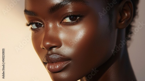 Close-up Portrait of a Young Woman with Dark Skin and Shiny Skin