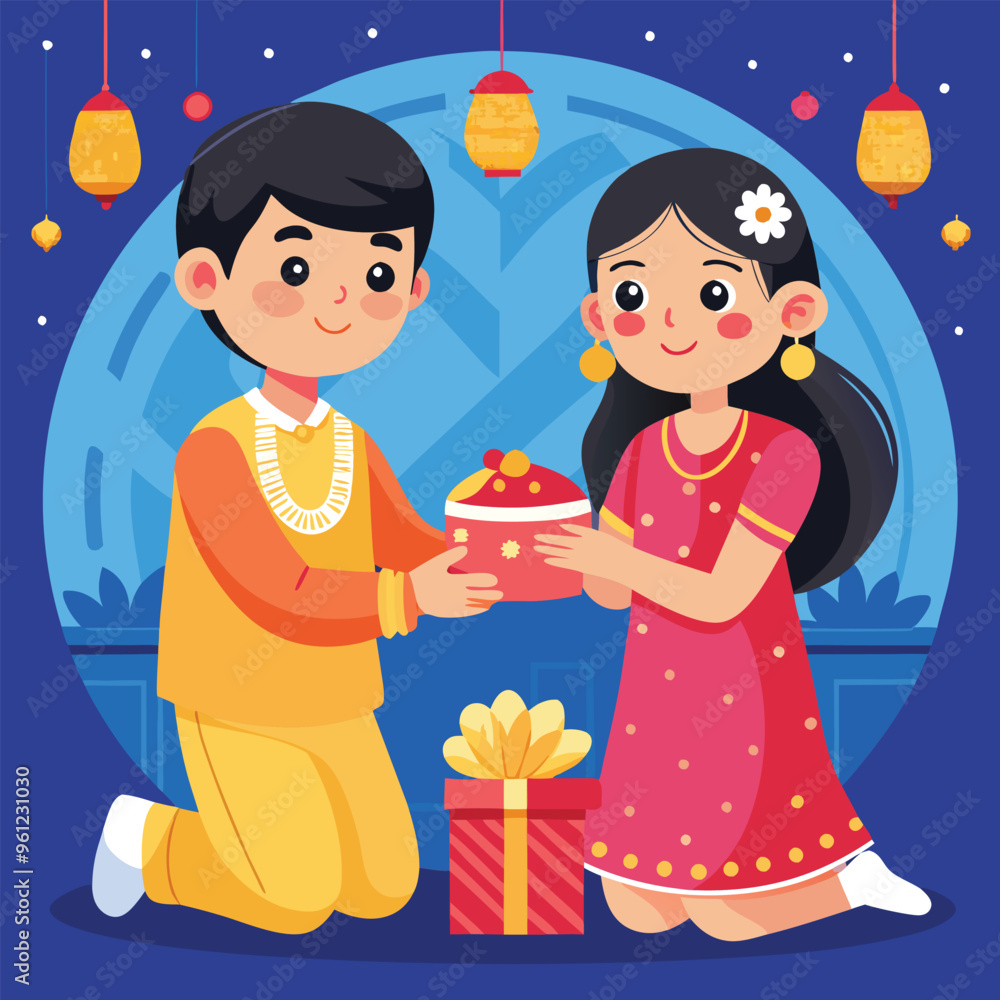 Bhai Dooj celebration with brother and sister exchanging gifts illustration Bhai Dooj celebration with brother and sister exchanging gifts illustration