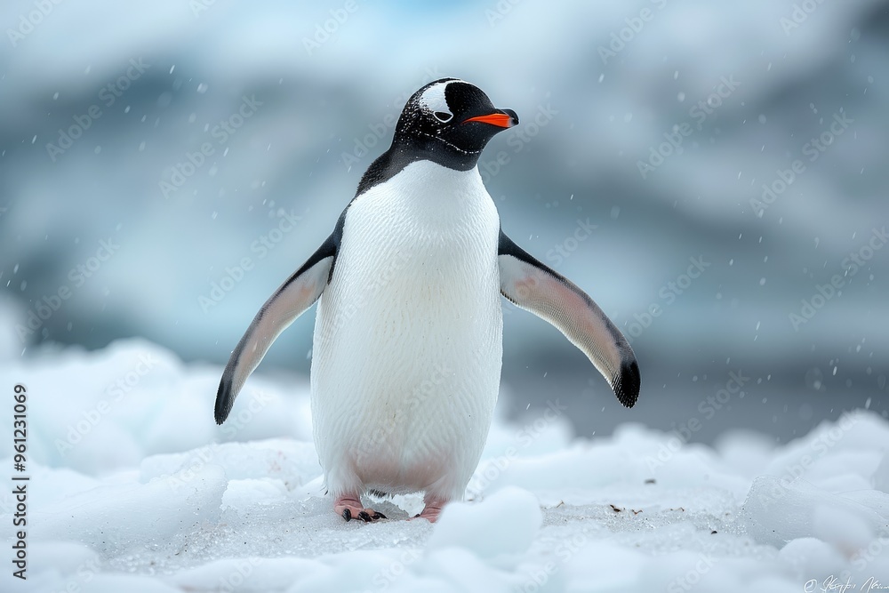 Fototapeta premium Detailed Full-Body Shot of Adélie Penguin Walking on Snow in Antarctica, Back View