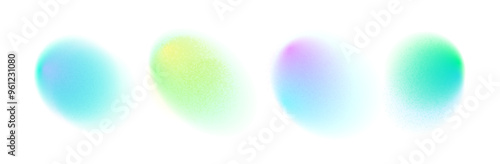 Set green circle gradient noise gradation. Abstract colorful watercolor blur mesh shape on white background. Gradient aura, grain neon blob with noise effect. Vector illustration