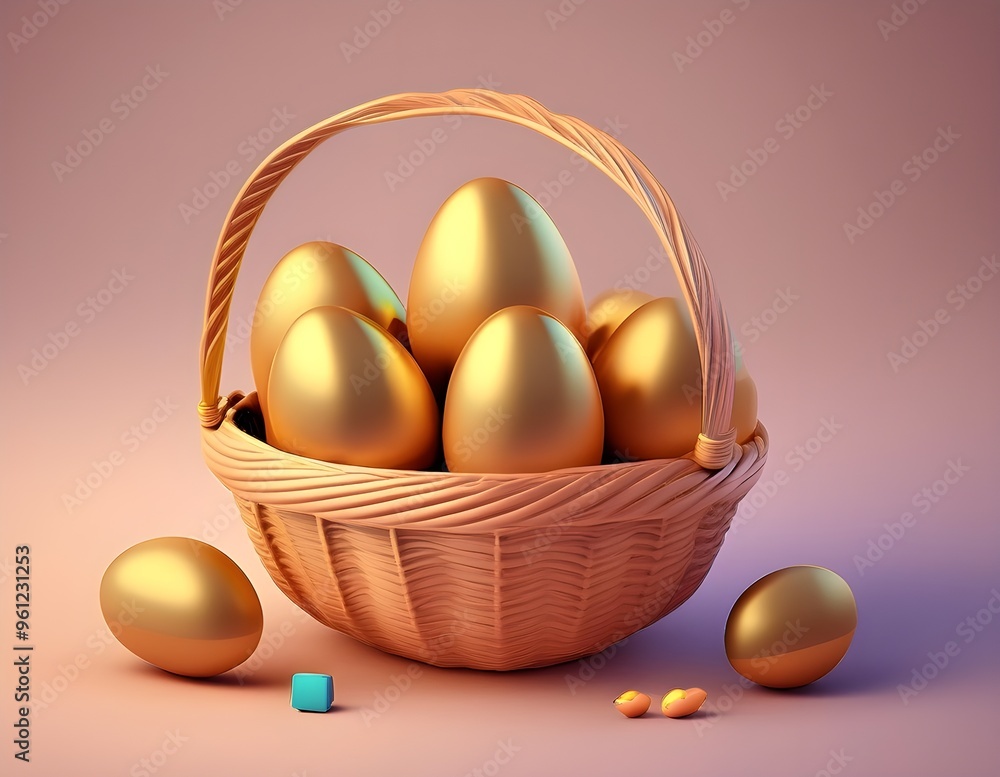 Golden Easter eggs in a wicker basket. 3D rendering.Wealth concept